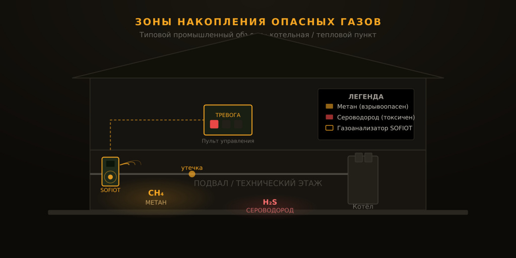 Зоны накопления опасных газов на типовом промышленном объекте